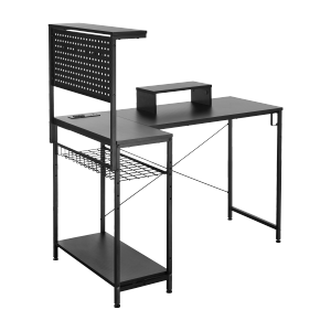 Corner-Shaped RGB Lighting Gaming Desk with Pegboard & Movable Computer Riser