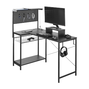 Corner-Shaped RGB Lighting Gaming Desk with Pegboard & Movable Computer Riser