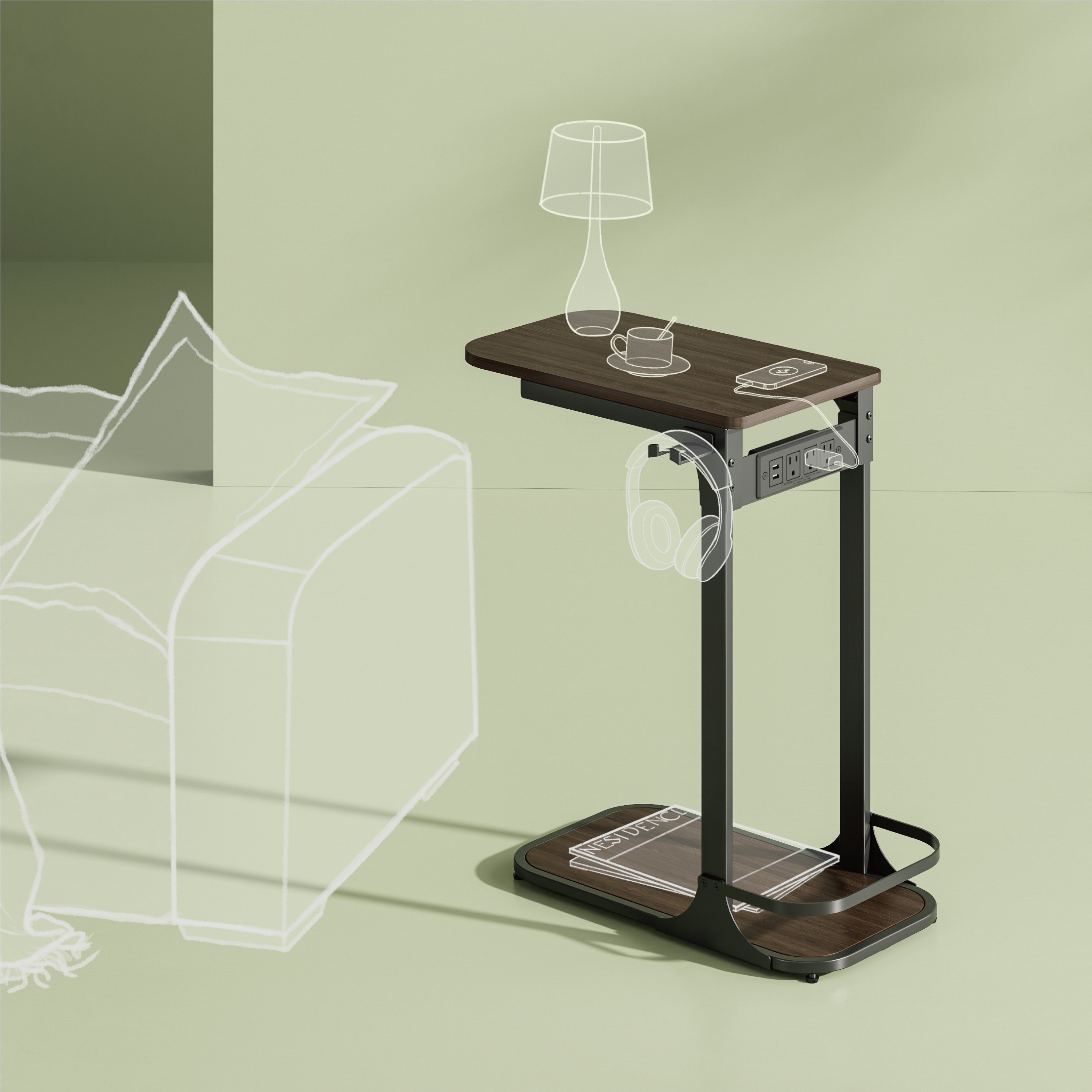 C-Shaped Side Table with Power Strip & Headphone Holder Supplier