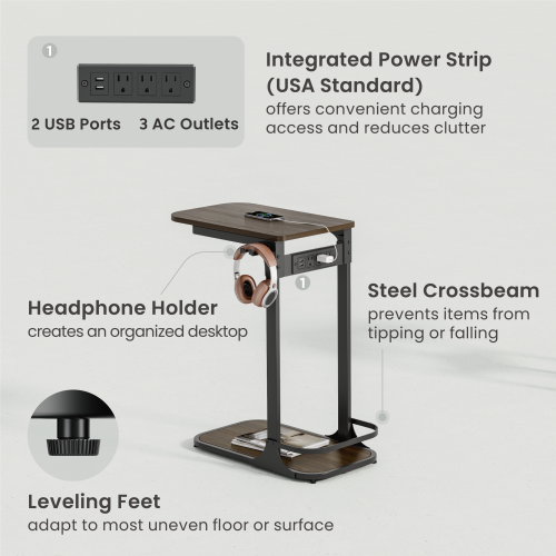 C-Shaped Side Table with Power Strip & Headphone Holder TS10-01 Everyday Essentials, Just an Arm’s Reach Away! from china(chinese)