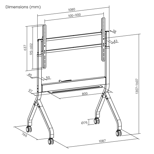 SlimLift Manual Height Adjustable Heavy-Duty TV Cart TTF19H-69FW Holds TVs up to 90 inch, 90 kg (198 lbs) from china(chinese)
