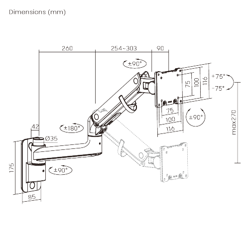 BoldGrip Heavy-Duty Wall-Mounted Gas Spring Monitor Arm LDA98-112 Supports monitors up to 57" in size or weighing up to 27kg (59.4 lbs) from china(chinese)