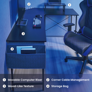 Corner-Shaped Gaming Desk with Movable Computer Riser