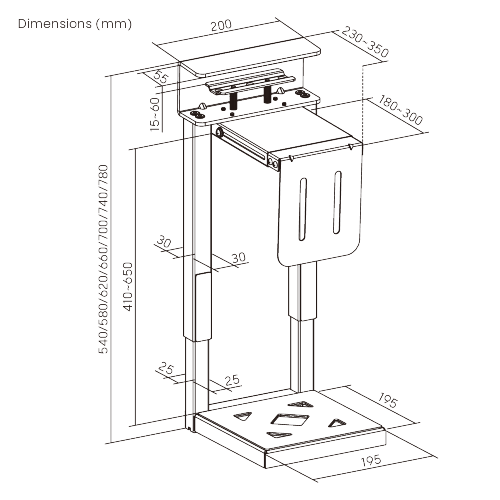 Clamp-On Adjustable CPU Holder with Sliding Top Plate CPB29-01 with 410~650mm Height Adjustment & 180~300mm Width Adjustment  from china(chinese)