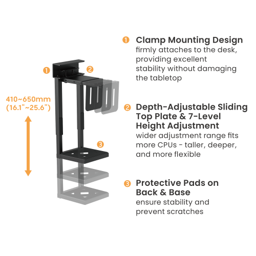 Clamp-On Adjustable CPU Holder with Sliding Top Plate CPB29-01 with 410~650mm Height Adjustment & 180~300mm Width Adjustment  from china(chinese)