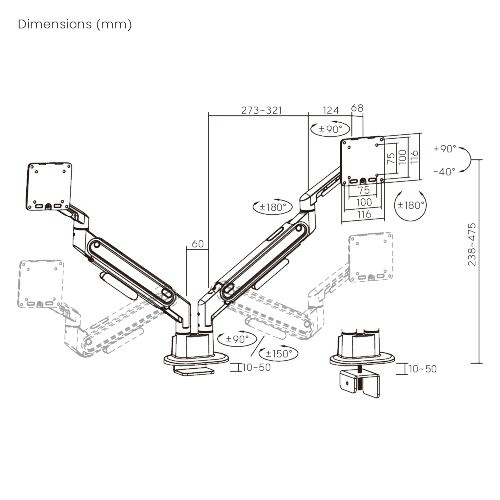Space-Efficient Mechanical Spring Dual-Screen Monitor Arm LDT116-C024E Shorter upper arms, larger desktop space from china(chinese)