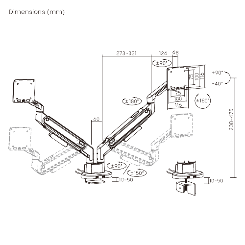 Space-Efficient Gas Spring Dual-Screen Monitor Arm with USB-A & USB-C Ports LDT116-C024UC Shorter upper arms, larger desktop space from china(chinese)