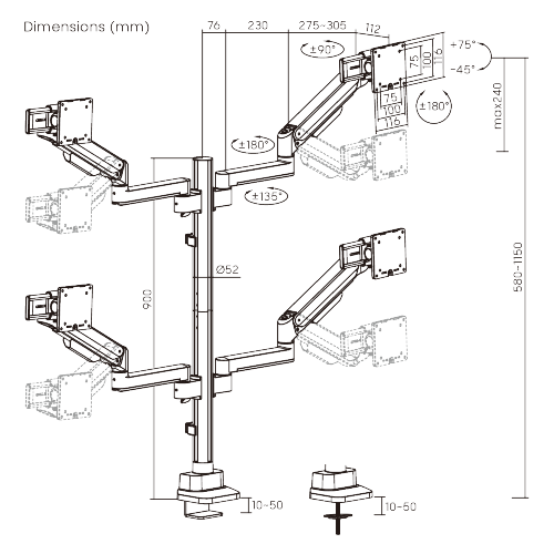 Modular Mechanical Spring Quad Monitor Arm with Sliders LDT86S-C048S Smooth adjustments, lasting performance. from china(chinese)