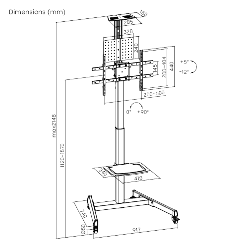 Telescope Height-Adjustable Steel TV Cart with Crank Handle TTV17H-46TW For most 37"-70" Displays from china(chinese)