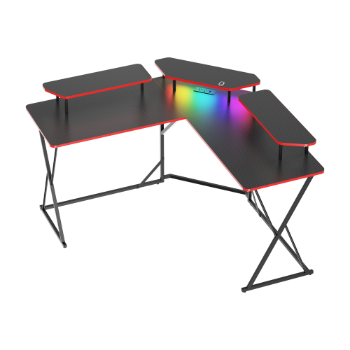 Value-Priced Corner Gaming Desk with 3 Monitor Risers GMD18-2 with Built-In RGB Light & US Standard Power Outlets from china(chinese)