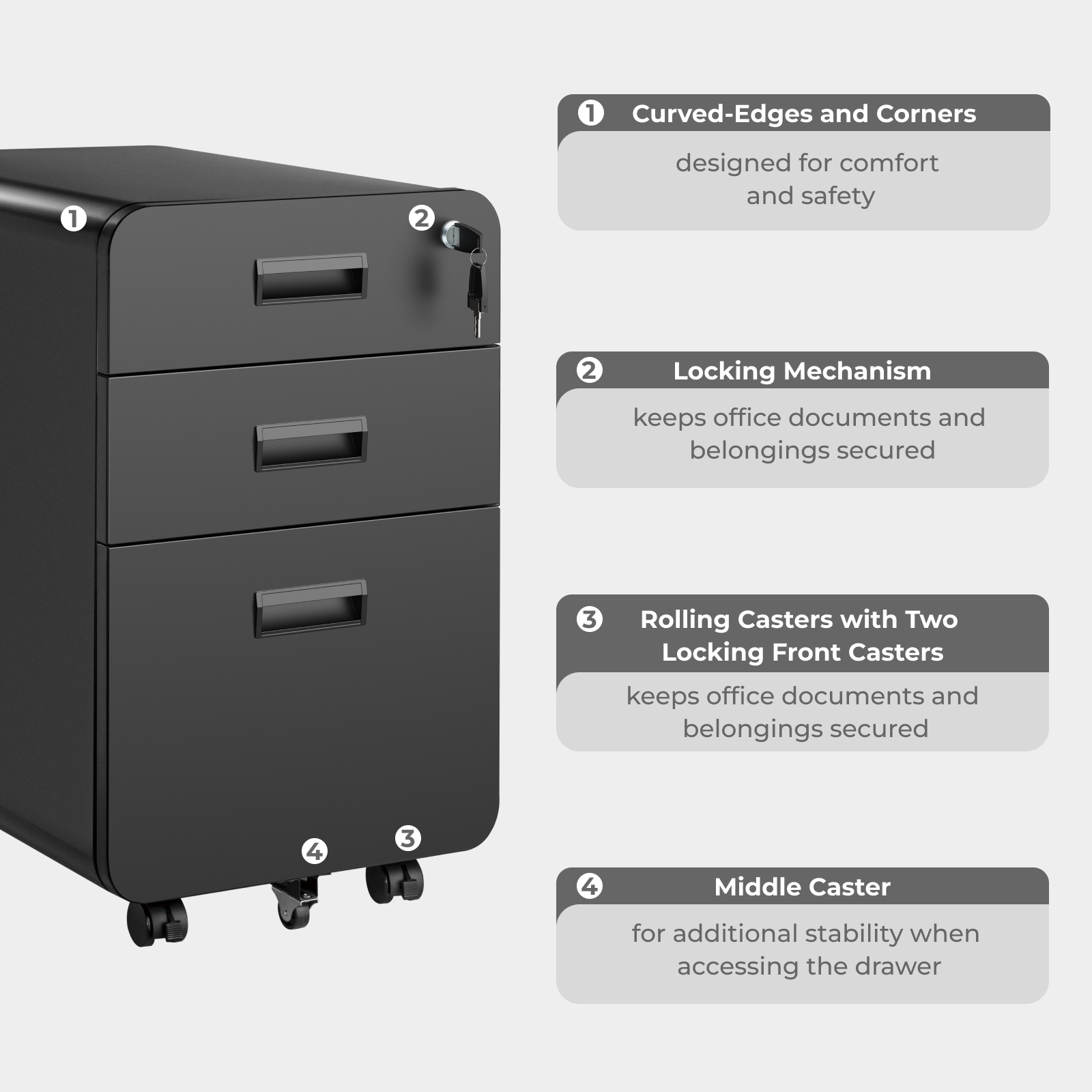 3-Drawer Locking Mobile File Cabinet