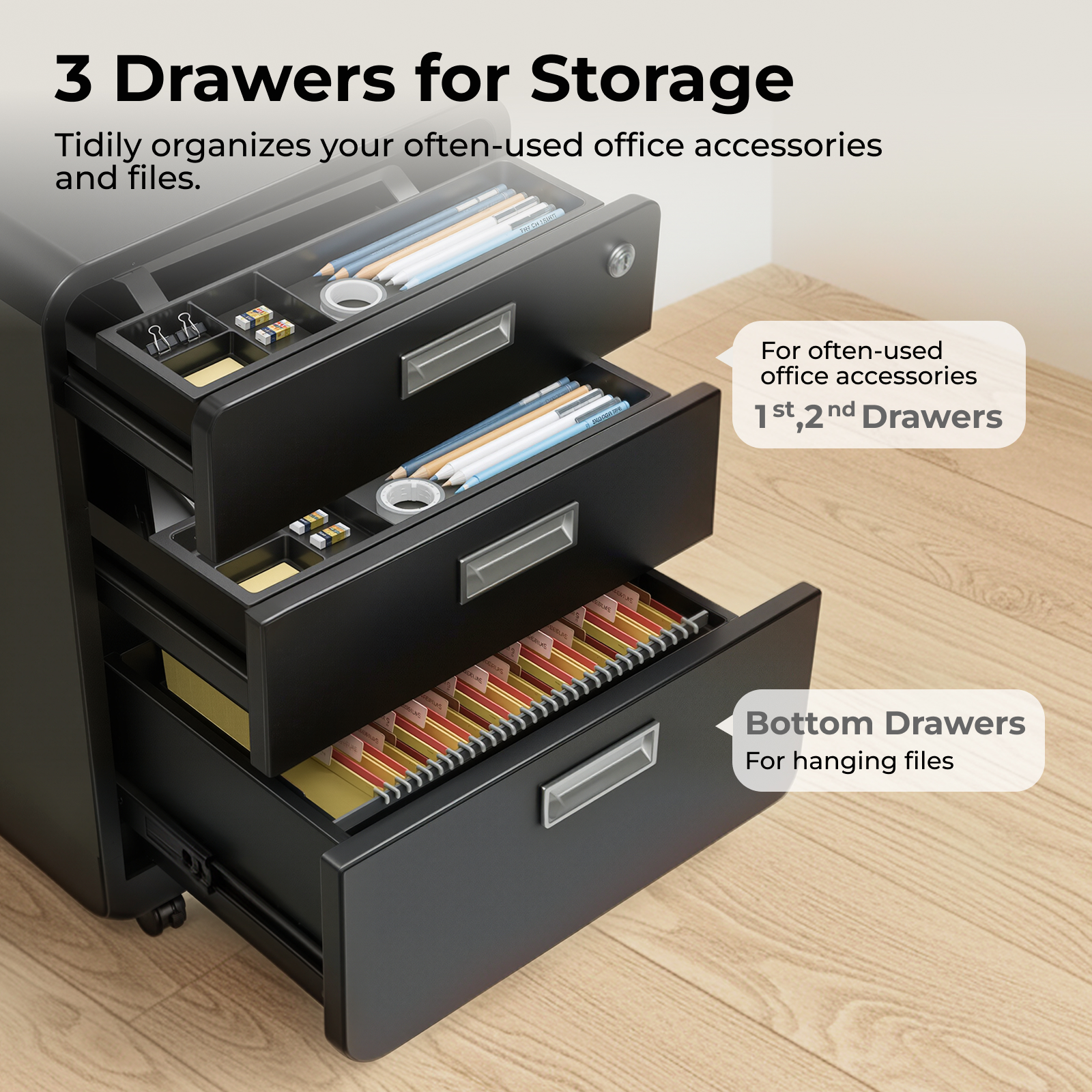 3-Drawer Locking Mobile File Cabinet