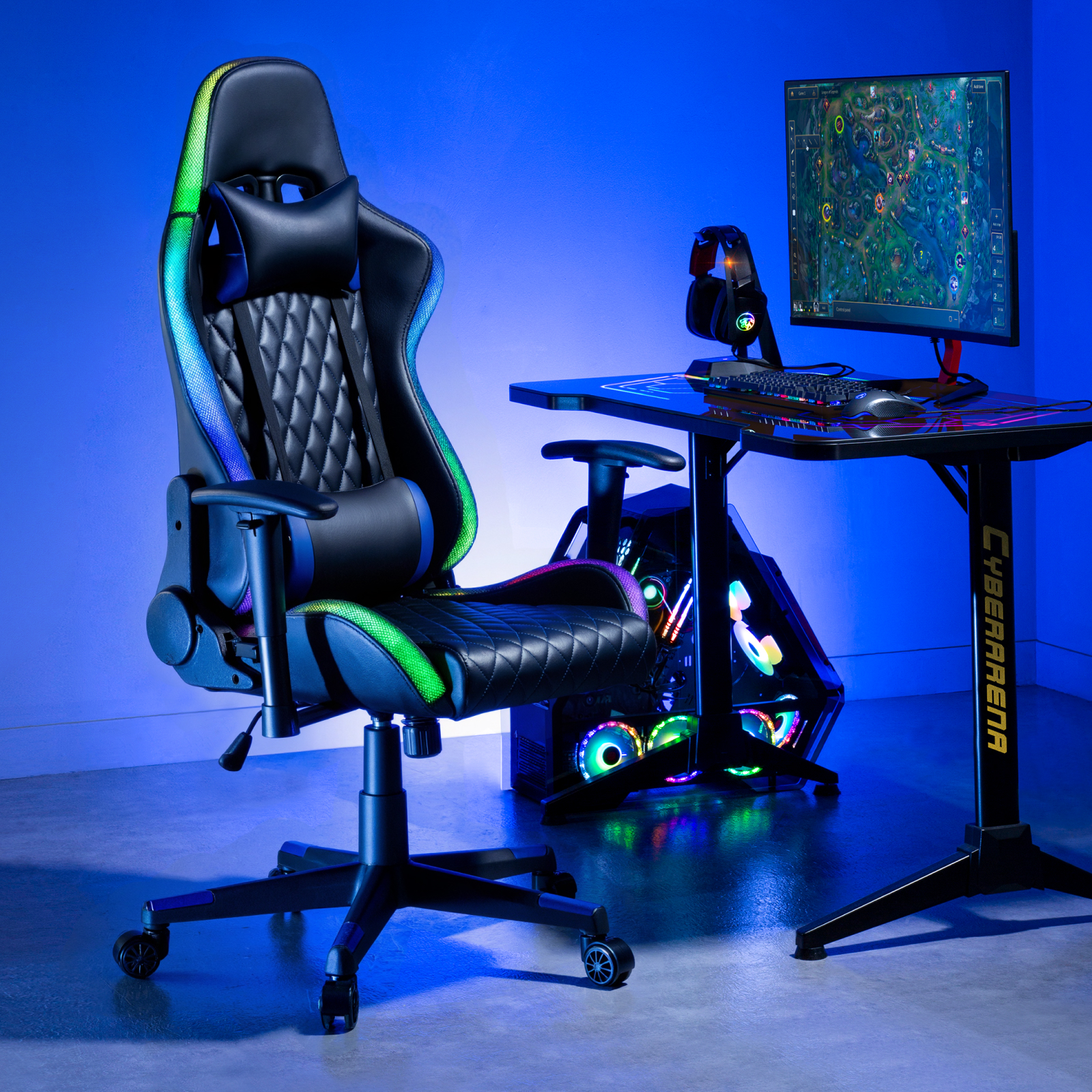 Large Diamond Quilted PU Gaming Chair with Headrest, Lumbar