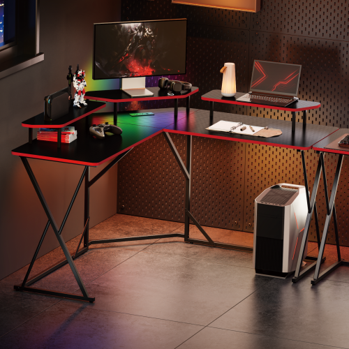 Value-Priced Corner Gaming Desk with 3 Monitor Risers GMD18-2 with Built-In RGB Light & US Standard Power Outlets from china(chinese)
