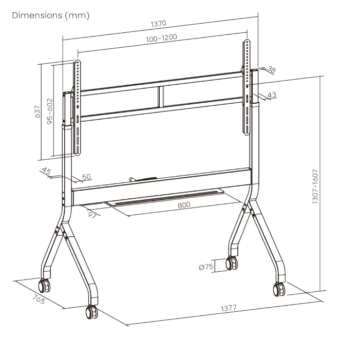 SlimLift Manual Height Adjustable Heavy-Duty TV Cart TTF19H-612FW Holds TVs up to 110 inch / 120 kg (264 lbs) from china(chinese)