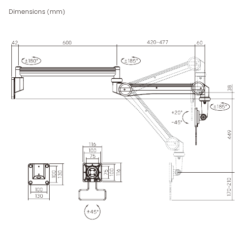 Medical Wall-Mounted Monitor Arm (487mm Height Range) MED12-1 Weight Capacity 0.8-3kg (1.8-6.6lbs) from china(chinese)