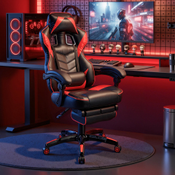 PU Leather Gaming Chair with Retractable Footrest, Headrest and Lumbar Support
