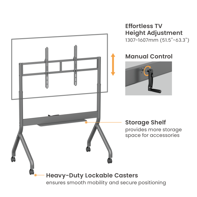 SlimLift Manual Height Adjustable Heavy-Duty TV Cart TTF19H-612FW Holds TVs up to 110 inch / 120 kg (264 lbs) from china(chinese)