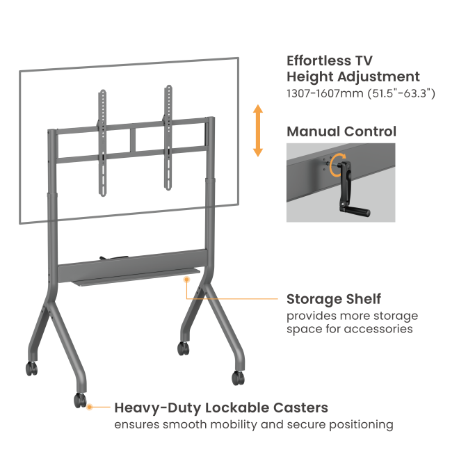SlimLift Manual Height Adjustable Heavy-Duty TV Cart TTF19H-69FW Holds TVs up to 90 inch / 90 kg (198 lbs) from china(chinese)
