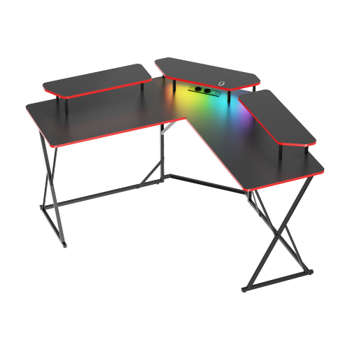  Value-Priced Corner Gaming Desk with 3 Monitor Risers GMD18-3 with Built-In RGB Light & EU/UK Standard Power Outlets from china(chinese)