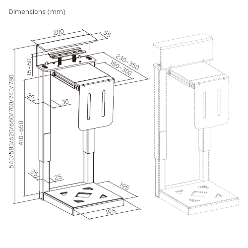 Clamp-On Adjustable CPU Holder with Sliding Top Plate CPB29-01 with 410~650mm Height Adjustment & 180~300mm Width Adjustment  from china(chinese)