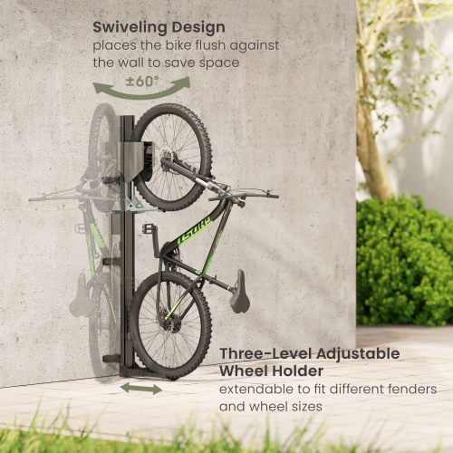 EasyLift Vertical On-Wall Swiveling Bike Rack with E-Bike Adapter Holder & Wheel Holder LBM12-03 Lifts and secures bikes effortlessly for easy, space-saving storage from china(chinese)