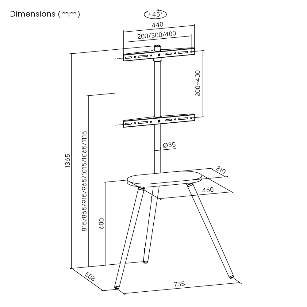 Easel Studio TV Floor Stand with Melamine Shelf and Wood Legs