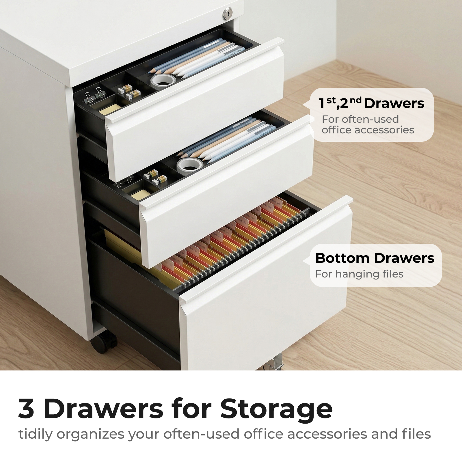 3-Drawer Wheeled Mobile File Cabinet with Lock