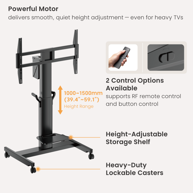 Motorized Heavy-Duty TV Cart with Tilt Adjustment TTT21H-69FW Powerful motor delivers smooth, quiet height adjustment- even for heavy TVs from china(chinese)