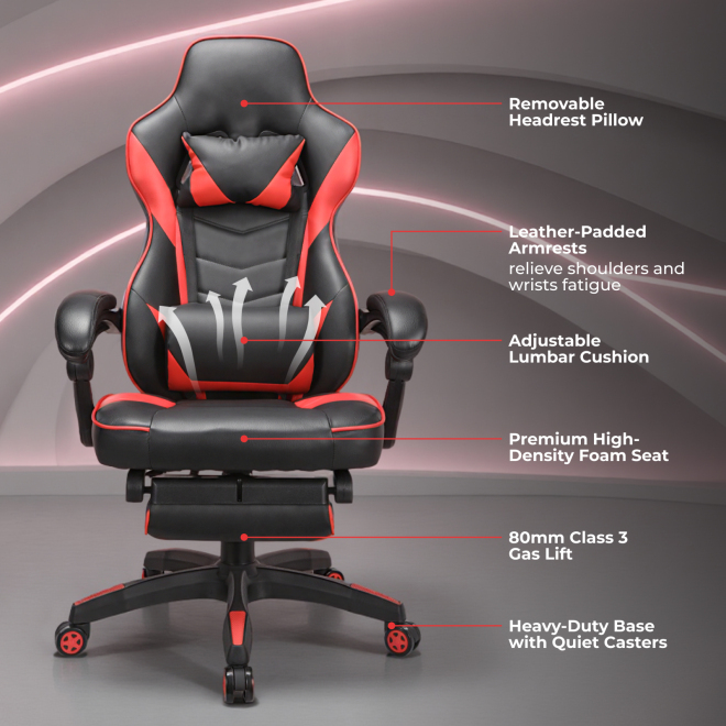 PU Leather Gaming Chair with Retractable Footrest, Headrest and Lumbar Support CH06-5 An Ideal Seat of Choice for Working, Studying and Gaming from china(chinese)