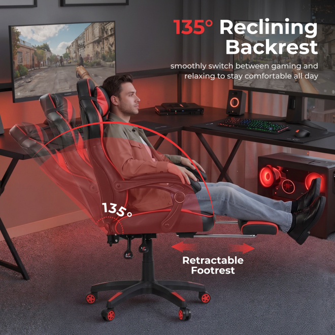 PU Leather Gaming Chair with Retractable Footrest, Headrest and Lumbar Support CH06-5 An Ideal Seat of Choice for Working, Studying and Gaming from china(chinese)