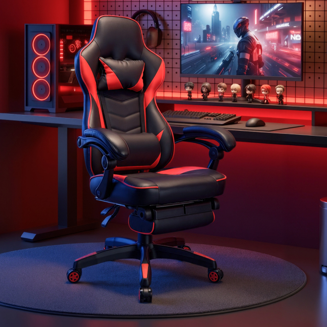 PU Leather Gaming Chair with Retractable Footrest, Headrest and Lumbar Support CH06-5 An Ideal Seat of Choice for Working, Studying and Gaming from china(chinese)