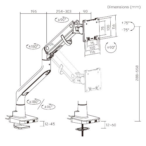 BoldGrip Heavy-Duty Gas Spring Monitor Arm with USB-A/USB-C Ports  LDT98-C012UC Supports monitors up to 57" in size or weighing up to 27kg (59.4 lbs) from china(chinese)