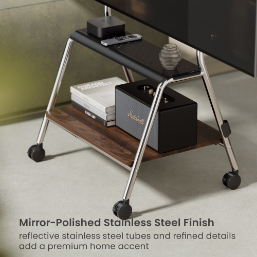 Heavy-Duty Polished Stainless Steel TV Cart (for 43"-75" TVs) MP0512-02 with 1 Curved Metal Shelf + 1 Walnut-Finish Storage Shelf from china(chinese)