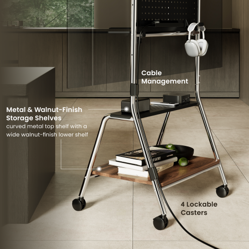 Heavy-Duty Polished Stainless Steel TV Cart (for 43"-75" TVs) MP0512-02 with 1 Curved Metal Shelf + 1 Walnut-Finish Storage Shelf from china(chinese)